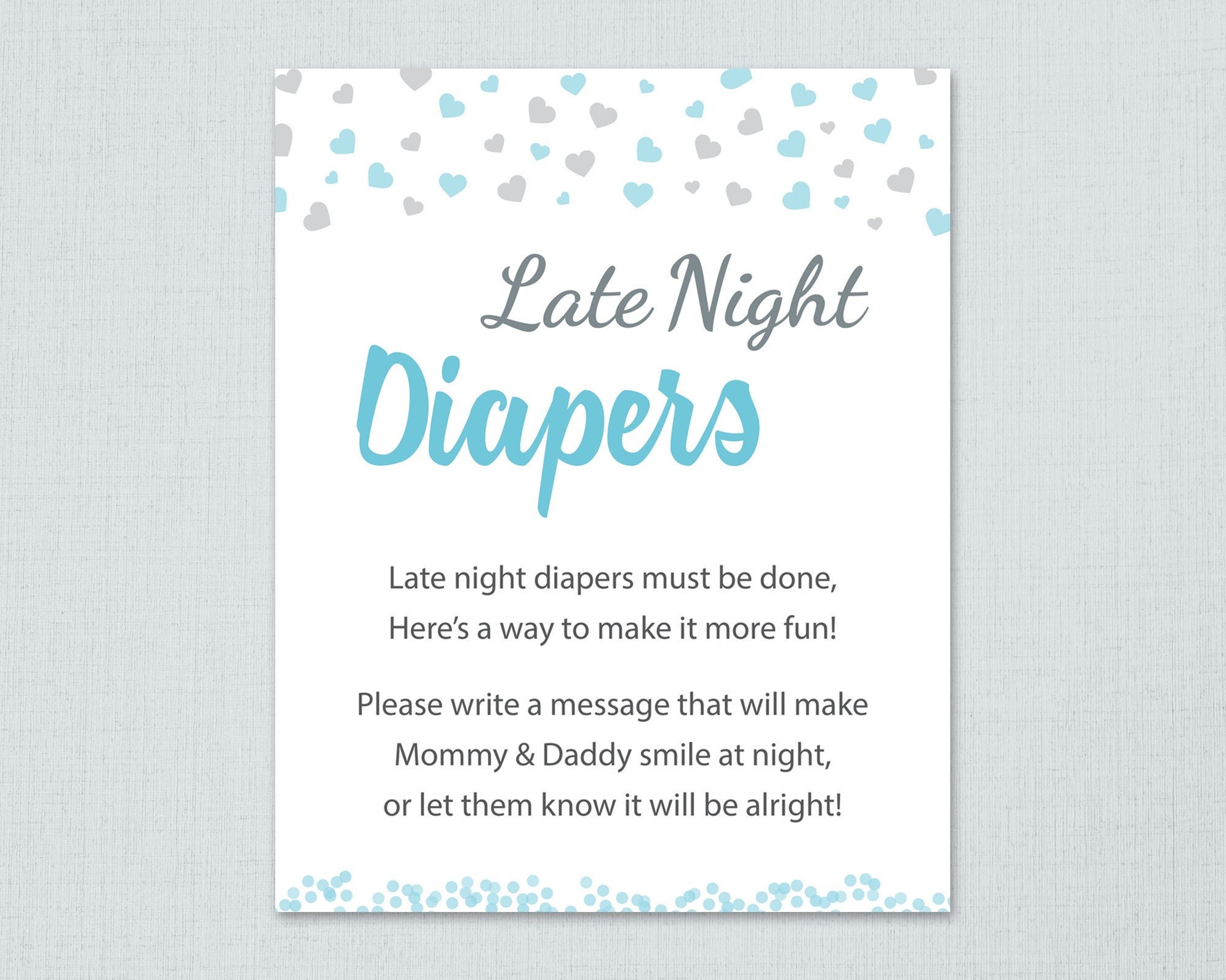 Late Night Diapers Game Sign Printable, Boy Baby Shower Activity, Blue