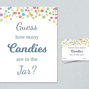 Rainbow Candy Guessing Game, Baby Shower Games Printable, Polka Dots, Guess How Many Candies in a Jar, Candies in Bottle, Activities, B010