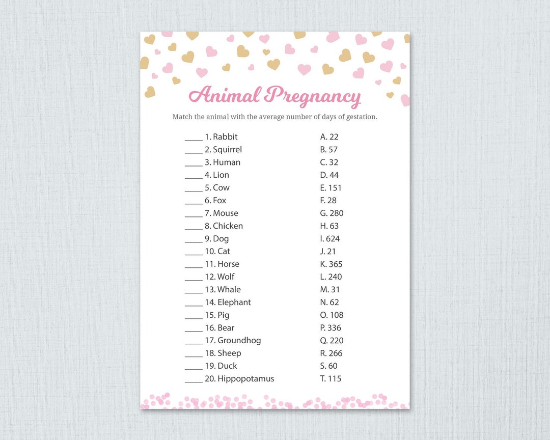 Animal Pregnancy Gestation Game Printable, Girl Baby Shower Activity ...