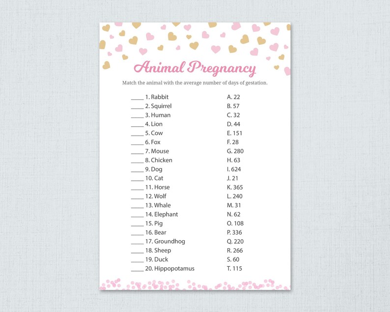 Animal Pregnancy Gestation Game Printable, Girl Baby Shower Activity
