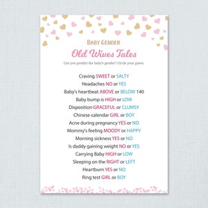 Old Wives Tales Gender Reveal, Girl Baby Shower Games Printable, Shower Activity, Pink Gold, Instant Download, Boy Girl Gender Guess, B003