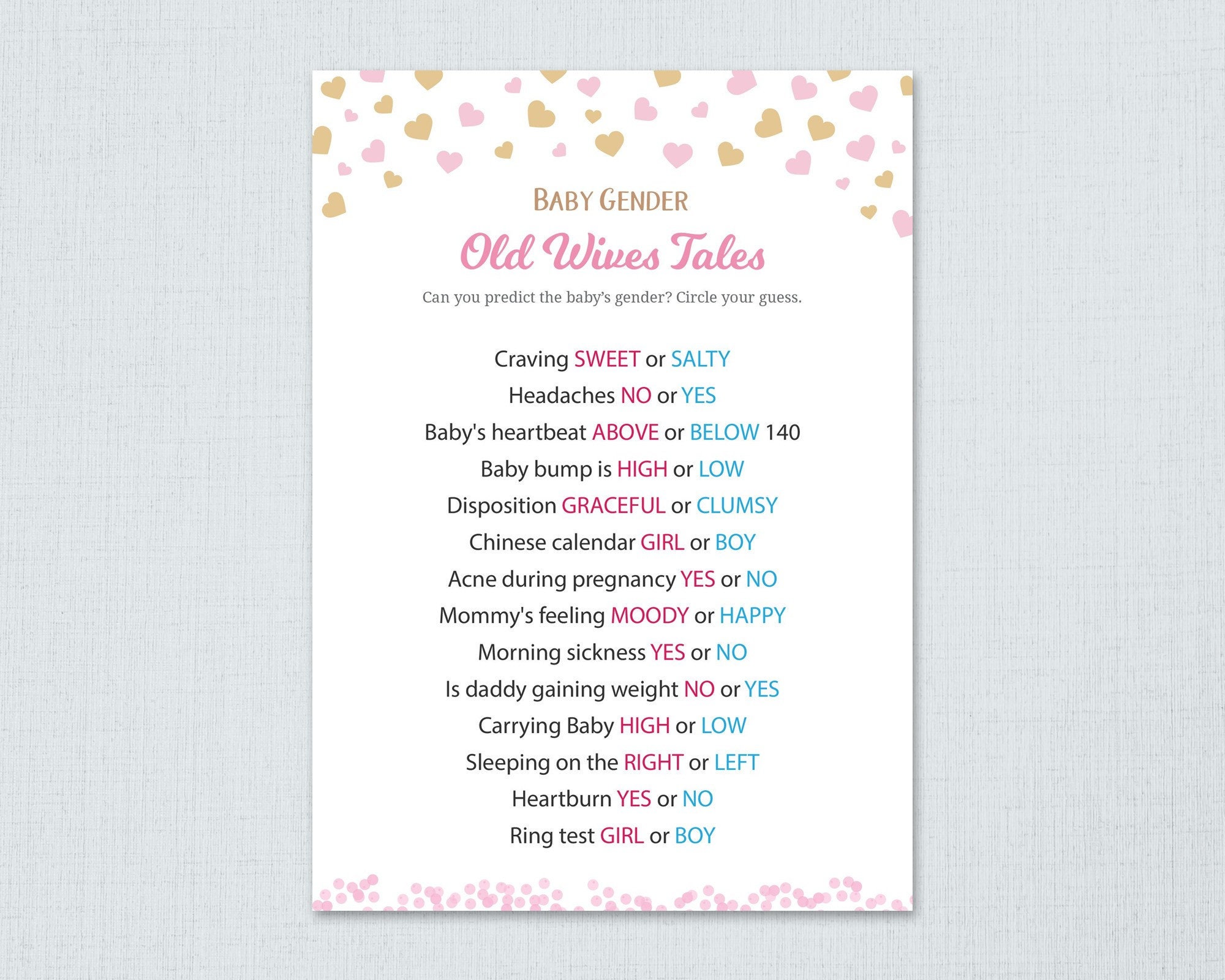 Old Wives Tales Gender Reveal Girl Baby Shower Games