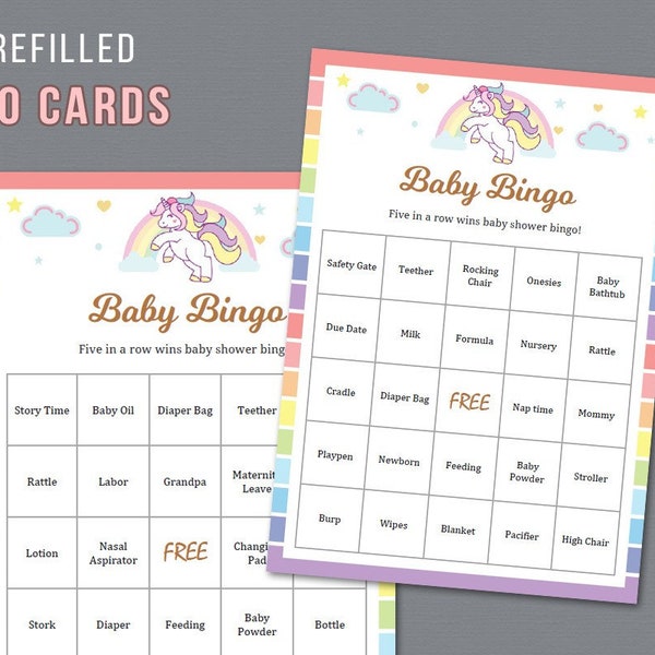 60 Baby Bingo Cards Printable, Horse, Prefilled Words, Rainbow Unicorn Baby Shower Games, Activity, Pre-filled Unique Bingo Game Cards, B017