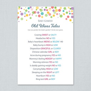 Rainbow Dots Old Wives Tales, Gender Reveal Baby Shower Game Printable, Gender Prediction, He or She, Boy or Girl, Color Polka Dots, B010