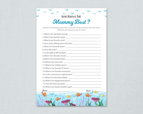 Ocean Theme Who Knows Mommy Best, Baby Shower Games, Cards Printable, How  Well Do You Know Mom, Under the Sea Fishes, Shower Activity, B005 