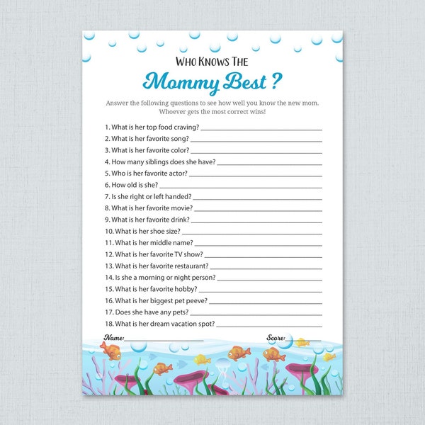 Ocean Theme Who Knows Mommy Best, Baby Shower Games, Cards Printable, How Well Do You Know Mom, Under the Sea Fishes, Shower Activity, B005