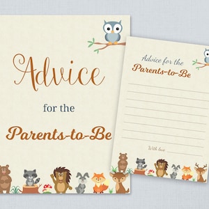Conseils pour que les parents soient imprimables, Cartes de conseils pour la baby shower des bois, Animaux de la forêt, Hibou, Renard, Cerf, Ours, Maman papa, Parents, B009
