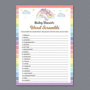 Word Scramble Game Printable, Baby Shower Games, Rainbow Unicorn, Baby Shower Activity, Instant Download, Unscramble, Words Puzzle, B017