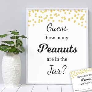 Peanuts Guessing Game, Baby Shower Games Printable, Gold Confetti, Guess How Many Peanuts in a Jar, Count Nuts in Bottle, Activities, B001