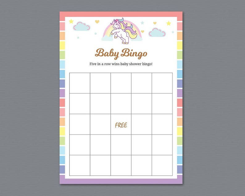 baby bingo game cards printable rainbow unicorn baby shower etsy