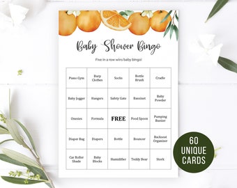 60 Prefilled Unique Baby Bingo Cards Printable, Little Cutie Orange, Instant Download, B001