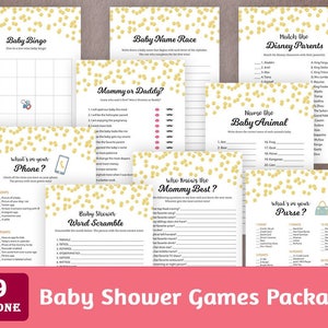 Baby Shower Games Package, Printable Party Games Bundle, Baby Shower Set Download, Gold Confetti, Bingo, Who Said It, Quotes, SPKG, B001 image 1