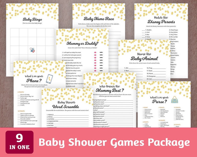 Baby Shower Games Package, Printable Party Games Bundle, Baby Shower Set Download, Gold Confetti, Bingo, Who Said It, Quotes, SPKG, B001 image 1