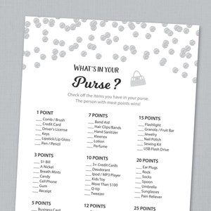 Whats in Your Purse, Baby Shower Games Printable, Silver Polka Dots, Confetti, Purse Raid, Purse Hunt, What's In Your Bag, Download, B016