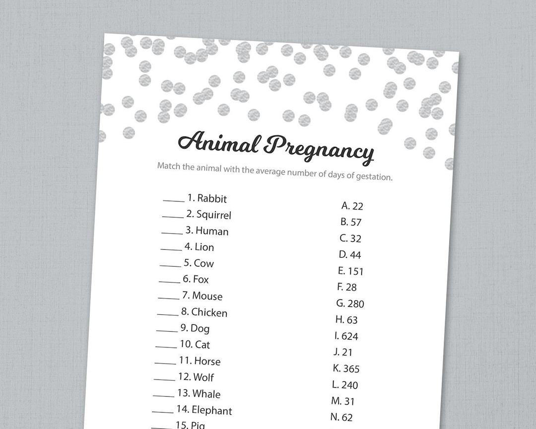 Animal Pregnancy Gestation Game Printable, Silver Confetti Baby Shower ...