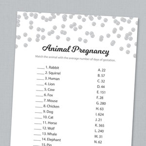 Animal Pregnancy Gestation Game Printable, Silver Confetti Baby Shower Games, Pregnancy Quiz, Shower Activities, Instant Download, B016