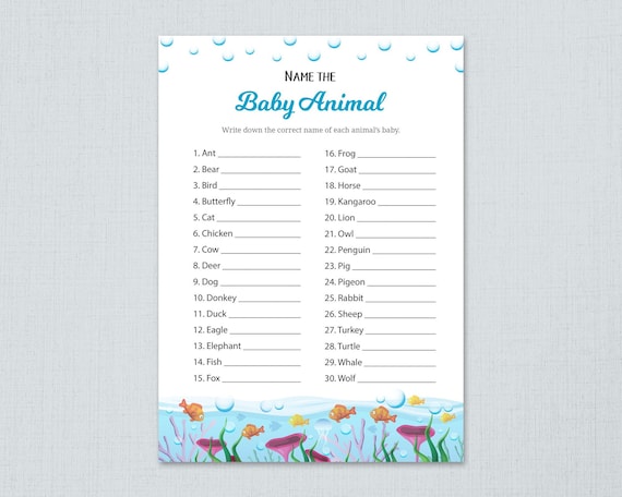 Name The Baby Animal Under The Sea Baby Shower Games Etsy