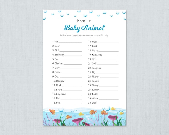 Name The Baby Animal Under The Sea Baby Shower Games Etsy Name The Baby Animal Under The Sea Baby Shower Games Etsy