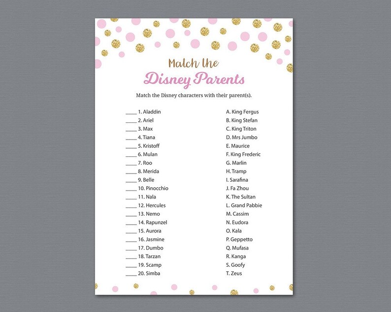 Disney Parent Match Game Printable Girl Baby Shower Games Etsy