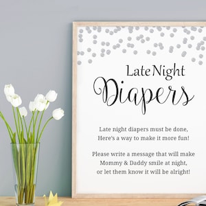 Late Night Diapers Sign, Diaper Thoughts Game Printable, Silver Confetti, Neutral Baby Shower Games & Activities, Instant Download, B016