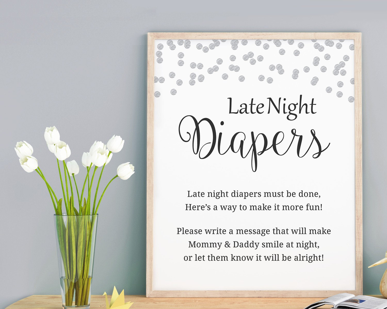 Late Night Diapers Sign, Diaper Thoughts Game Printable, Silver ...