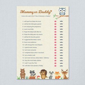 Mommy or Daddy, Who Said It, He Said She Said, Woodland Forest Animals, Baby Shower Games, Baby Shower Quiz, Guessing game, Mom Dad, B009