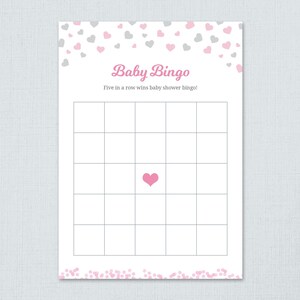 Empty Baby Bingo Game Printable, Girl baby Shower Bingo Cards, Pink Silver Hearts Confetti, Empty Bingo Cards, Shower Activity, B007