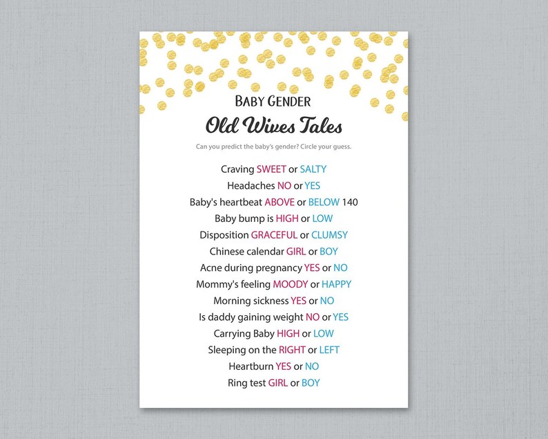 Old Wives Tales, Gender Reveal Baby Shower Game Printable, Gold ...