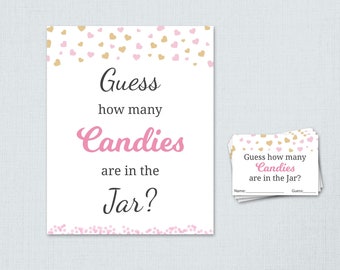 Juego de adivinanzas de dulces, juegos de baby shower para niñas imprimibles, corazones rosados, adivina cuántos dulces hay en un frasco, dulces en botella, actividades, B003