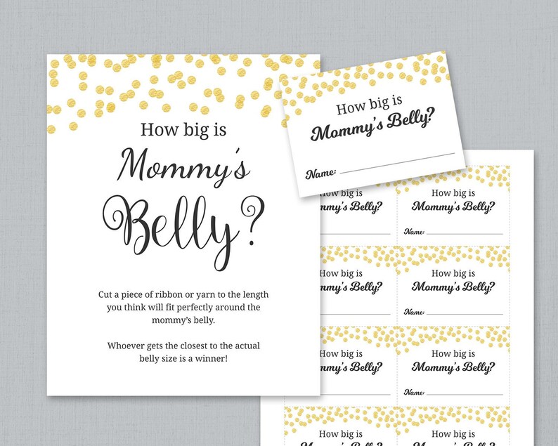 How Big is Mommy's Belly Printable, Gold Confetti Baby Shower Games ...