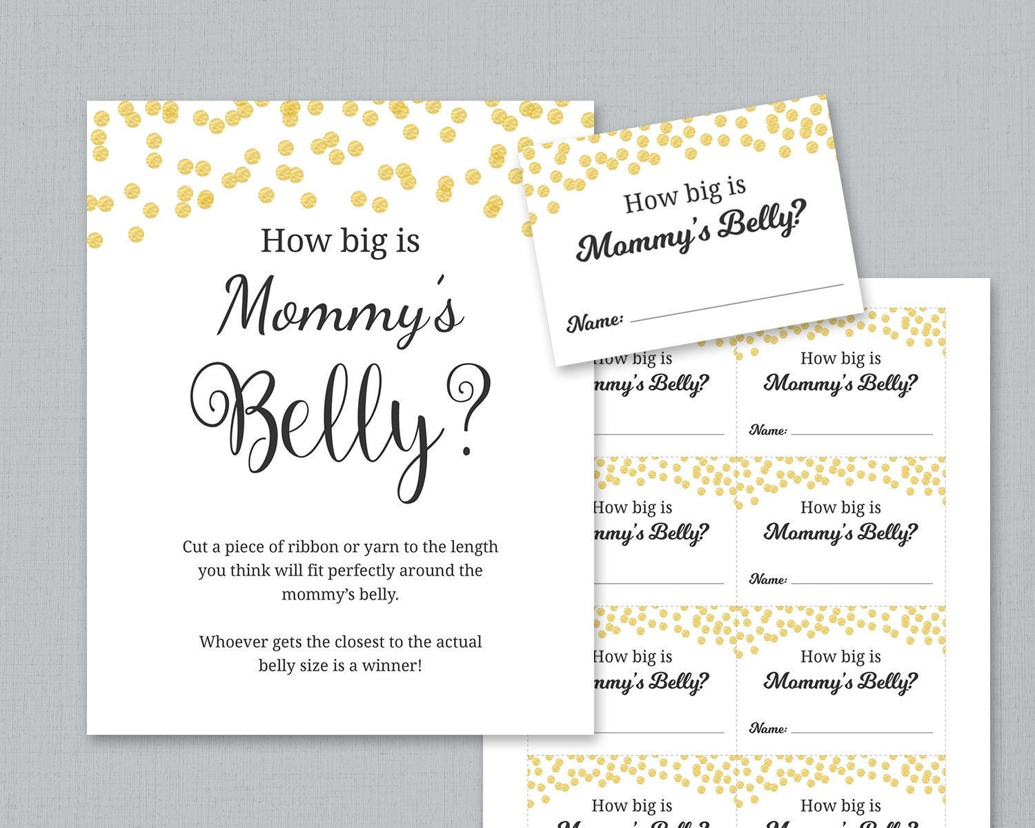 How Big is Mommy's Belly Printable, Gold Confetti Baby Shower Games ...