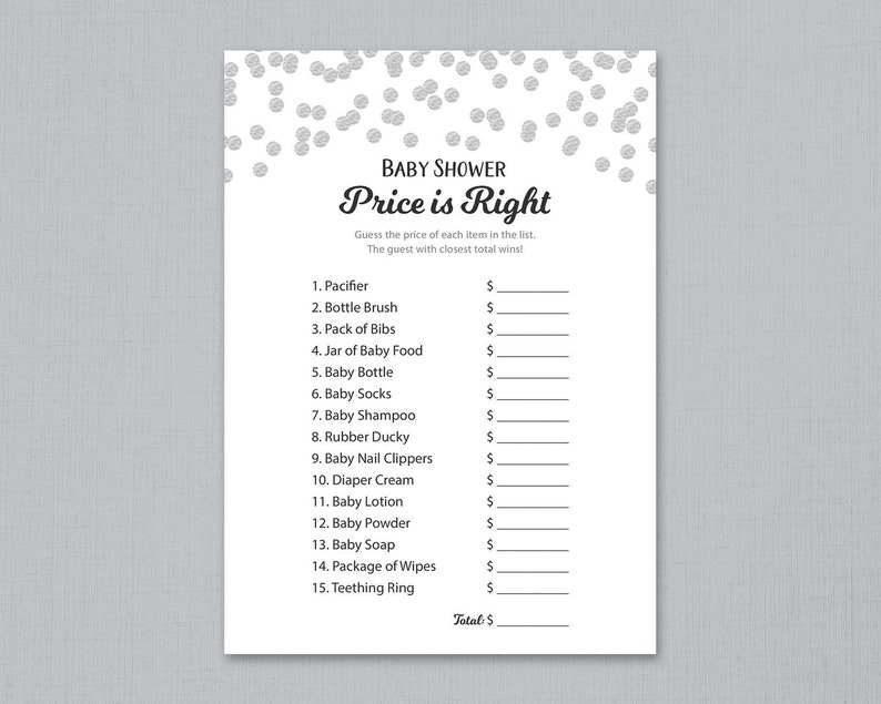 Price is Right Baby Shower Game Printable, Silver Dots, Baby Shower Activities, The Price is Right, Instant Download, Shower Games, B016 image 2