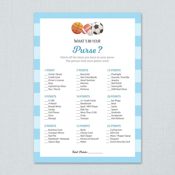 Whats in Your Purse, Baby Shower Games Printable, Sports Football Basketball, Purse Raid, Purse Hunt, What's In Your Bag, Soccer, B011
