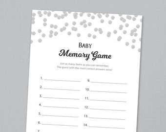 Memory Game, Silver Confetti Baby Shower Games Printable, Memory Guessing Game, Instant Download, Gender Neutral B016