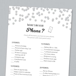 Baby Shower Whats in Your Phone Game Printable, Silver Confetti Dots,  What&#39;s on your cell phone, Gender Neutral, Instant Download, B016