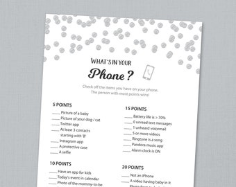 Baby Shower Whats in Your Phone Game Printable, Silver Confetti Dots,  What's on your cell phone, Gender Neutral, Instant Download, B016