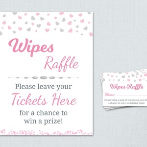 Wipes Raffle Ticket and Sign Printable, Girl Baby Shower Activities, Instant Download, Pink Silver Hearts Confetti, Raffle Cards, B007