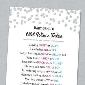 Old Wives Tales, Gender Reveal Baby Shower Game Printable, Silver Confetti, Gender Prediction, He or She, Boy or Girl, Blue or Pink, B016
