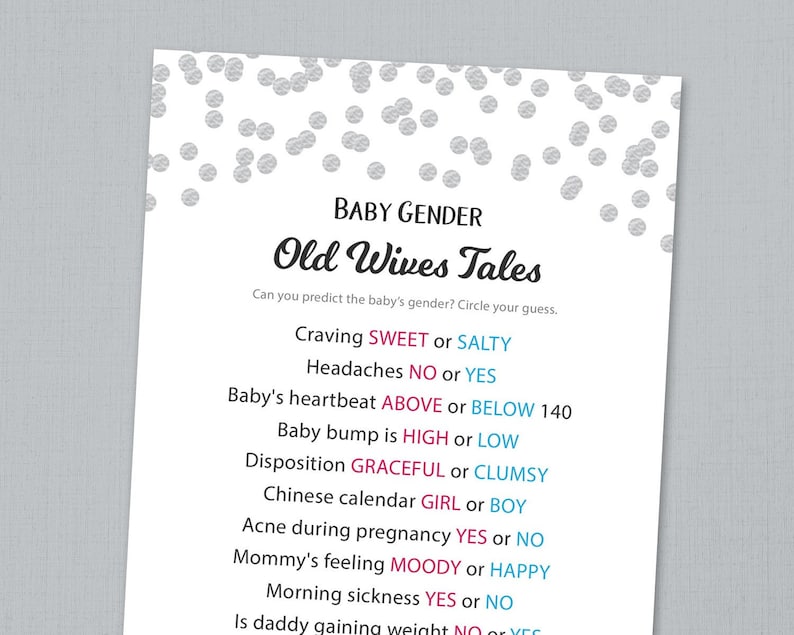 Old Wives Tales, Gender Reveal Baby Shower Game Printable, Silver ...