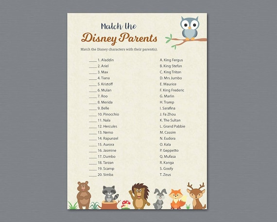 Disney Parent Match Game Printable Baby Shower Games Match | Etsy