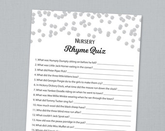 Kinderliedjesquiz, babyshowerspel afdrukbaar, zilveren confetti, instant download, genderneutraal, babyshoweractiviteit, rijmquiz, B016