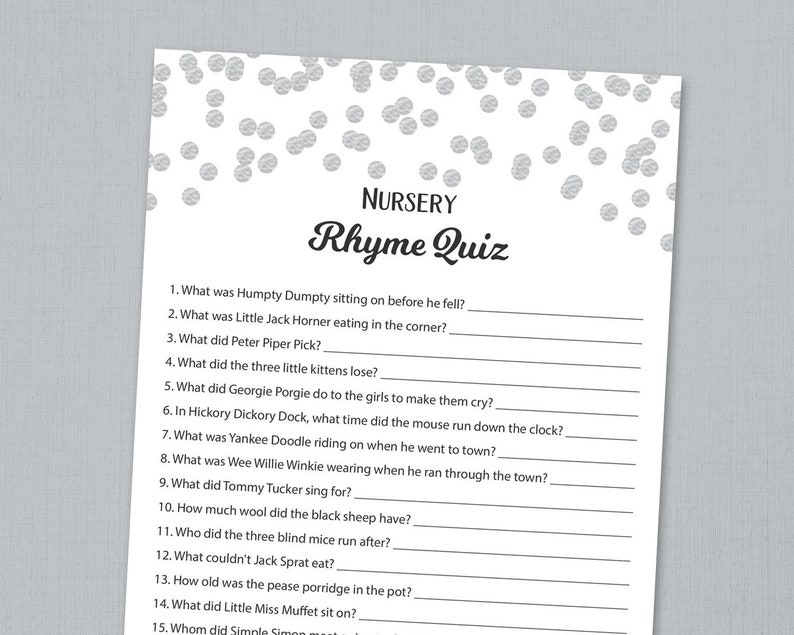 Nursery Rhyme Quiz Baby Shower Game Printable Silver Etsy Nursery Rhyme Quiz Baby Shower Game Printable Silver Etsy