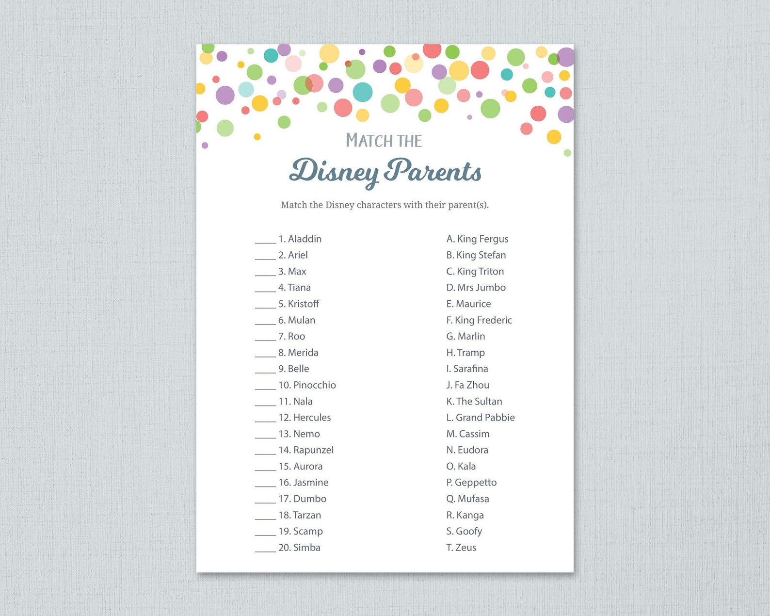 Disney Parent Match Game Printable Baby Shower Games Match | Etsy
