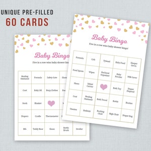 60 tarjetas de bingo para bebés imprimibles, palabras precargadas, actividad de baby shower para niñas, confeti de corazones de oro rosa, descarga instantánea, juego de bingo, B003