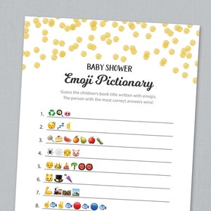 Children&#39;s Books Emoji Pictionary, Nursery Rhymes Baby Shower Game Printable, Gender Neutral, Gold Confetti, Instant Digital Download B001
