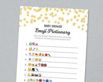 Children's Books Emoji Pictionary, Nursery Rhymes Baby Shower Game Printable, Gender Neutral, Gold Confetti, Instant Digital Download B001