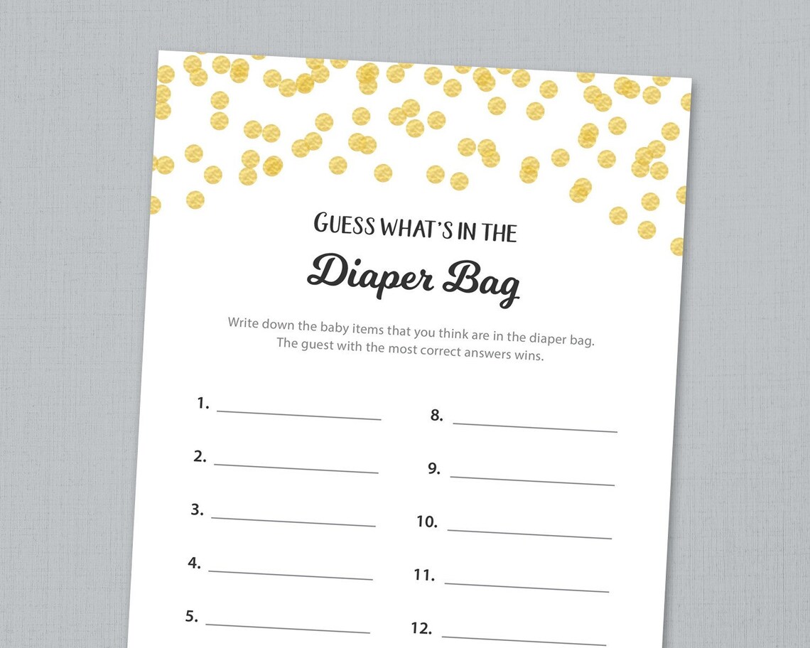 What's in the Diaper Bag Baby Shower Game Printable Gold Etsy