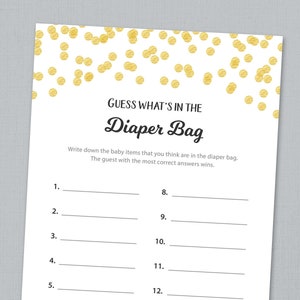 What&#39;s in the Diaper Bag, Baby Shower Game Printable, Gold Confetti Dots, Whats in Diaper Bag, Instant Download, Guessing Games, B001