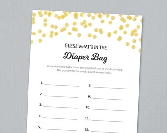 What's in the Diaper Bag, Baby Shower Game Printable, Gold Confetti Dots, Whats in Diaper Bag, Instant Download, Guessing Games, B001