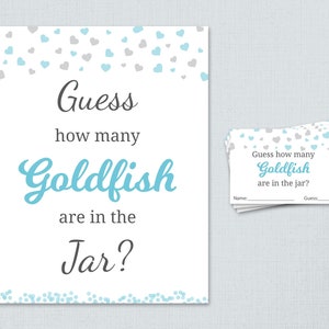 Candy Guessing Game, Fun Boy Baby Shower Games Printable, Blue Silver Confetti, Guess How Many Goldfish in a Jar, Snacks in Bottle, B008